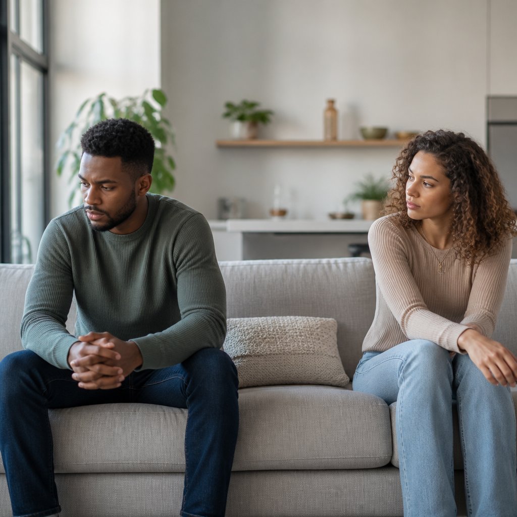 A couple sits apart on a sofa, with one partner looking away while the other watches with concern.