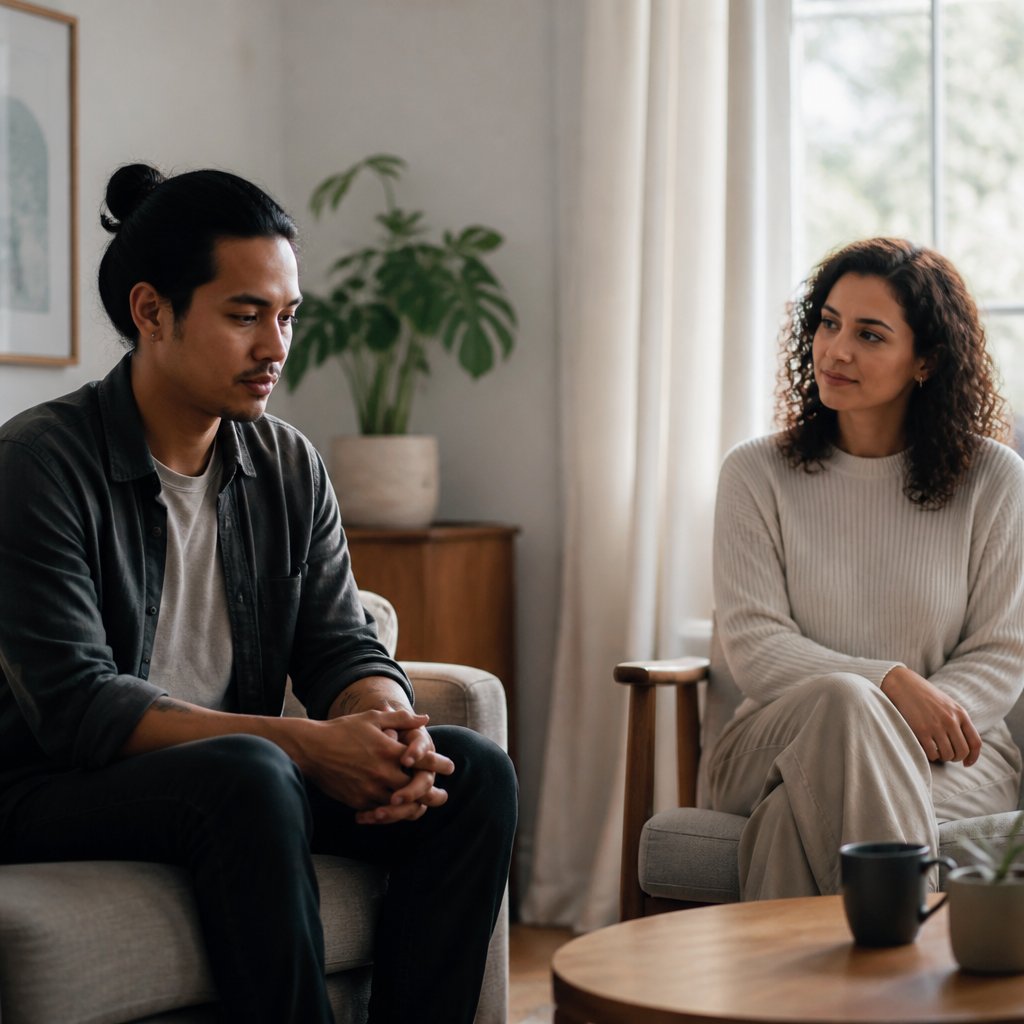 A thoughtful person sits near a patient companion in a softly lit living room, leaving a respectful space between them.