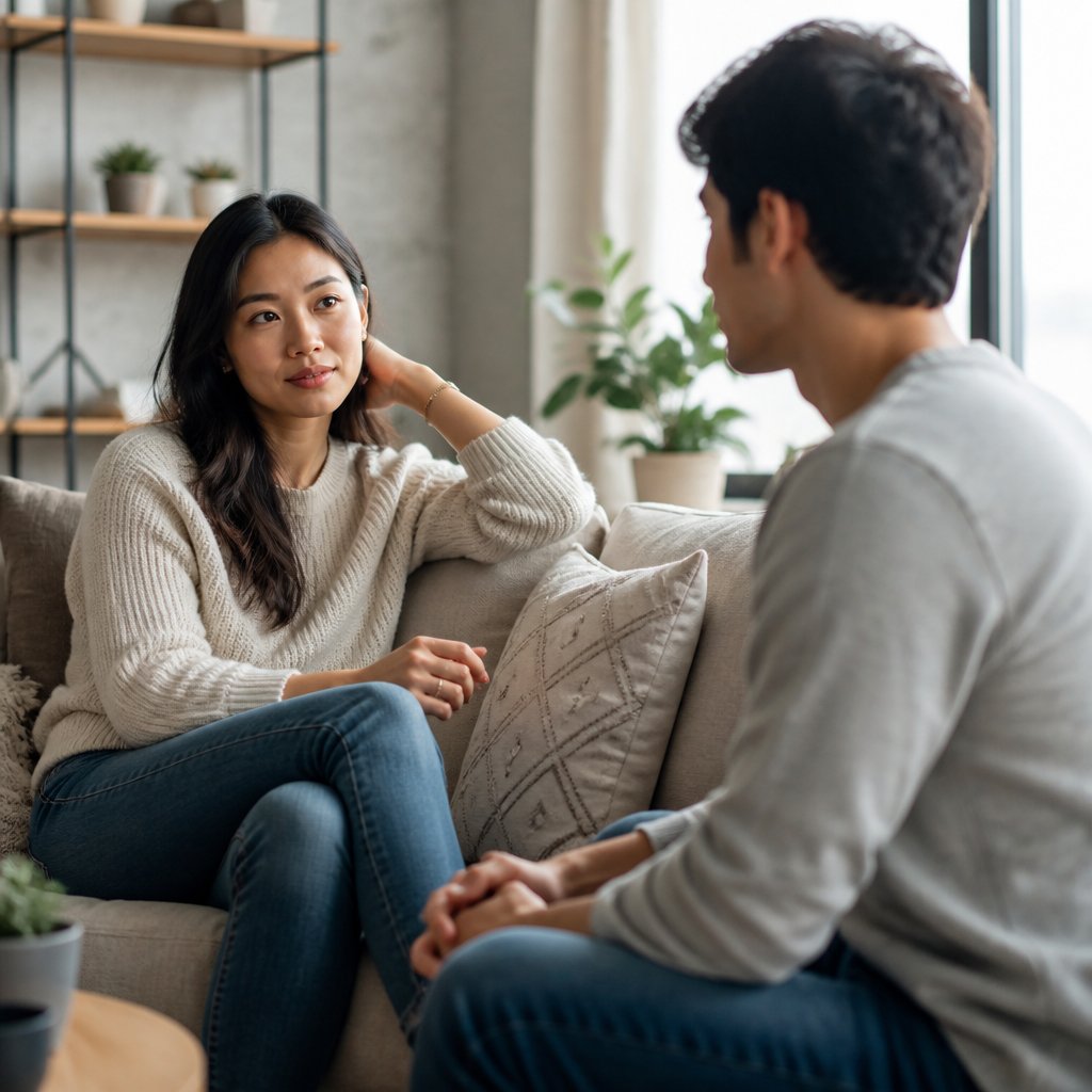 A couple calmly discussing their relationship in a bright living room while maintaining respectful personal space.