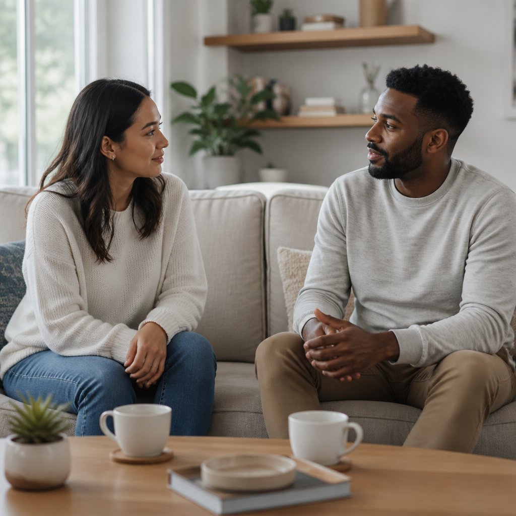 A couple sits together in a bright living room, calmly discussing their relationship with empathy and emotional space.