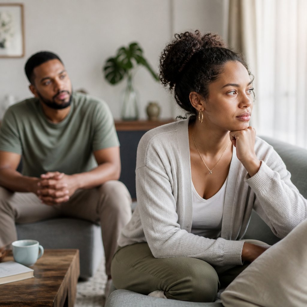 A couple sits apart in a softly lit living room as one partner gives the other space and quiet support.