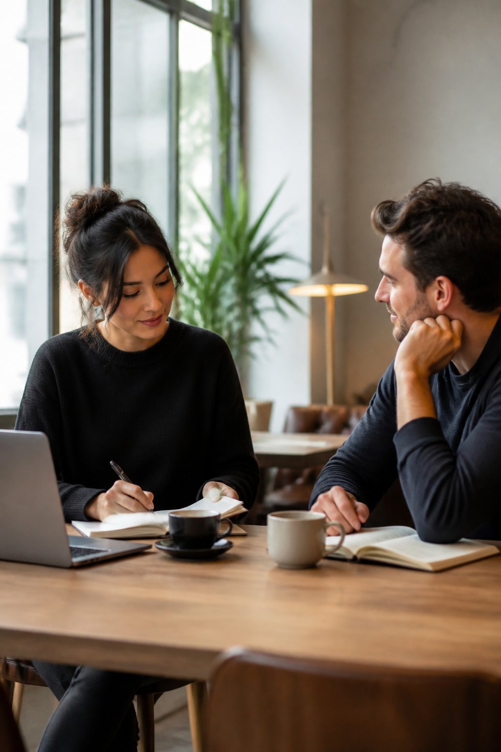 Two adults have a calm conversation in a bright café while maintaining comfortable personal space.