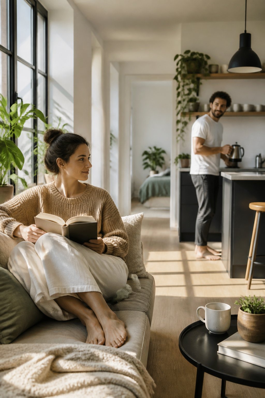 Two partners comfortably enjoy separate activities in a bright, peaceful apartment while sharing a sense of trust and connection.