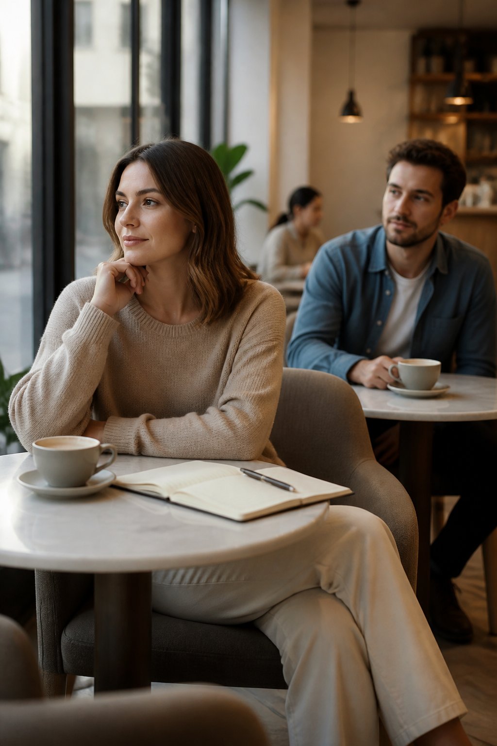 A confident woman sits independently in a café while a man nearby shows quiet interest from a respectful distance.