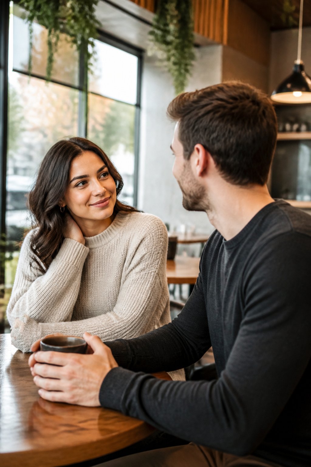 Two adults share a calm, warm moment while sitting together in a bright café.