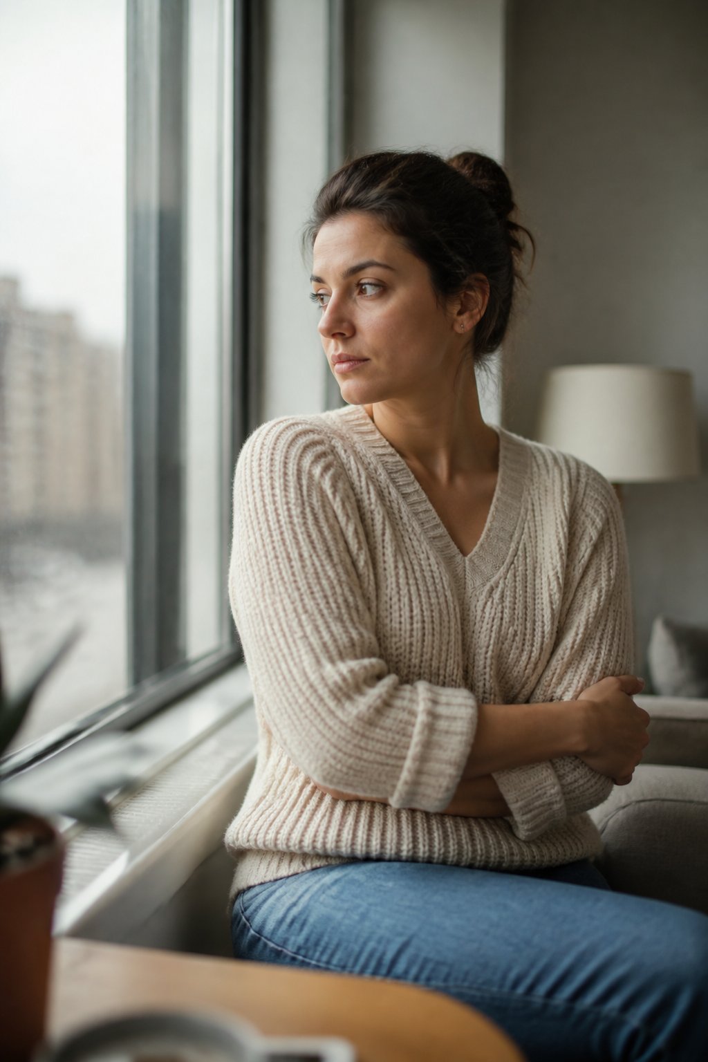 A thoughtful woman sits alone beside a window with a guarded posture.