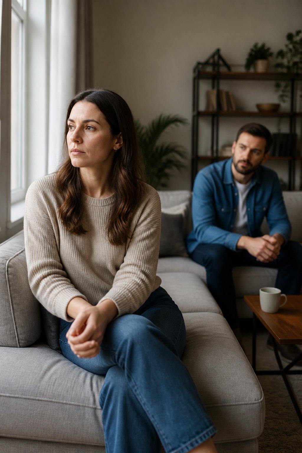 A woman sits apart from her partner in a living room, looking thoughtfully toward a window while he watches with concern.