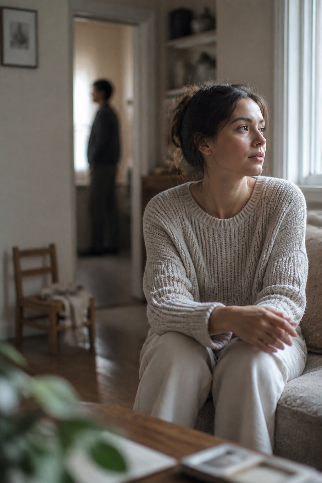 A reflective woman sits apart in a softly lit home while a blurred family scene appears in the background.