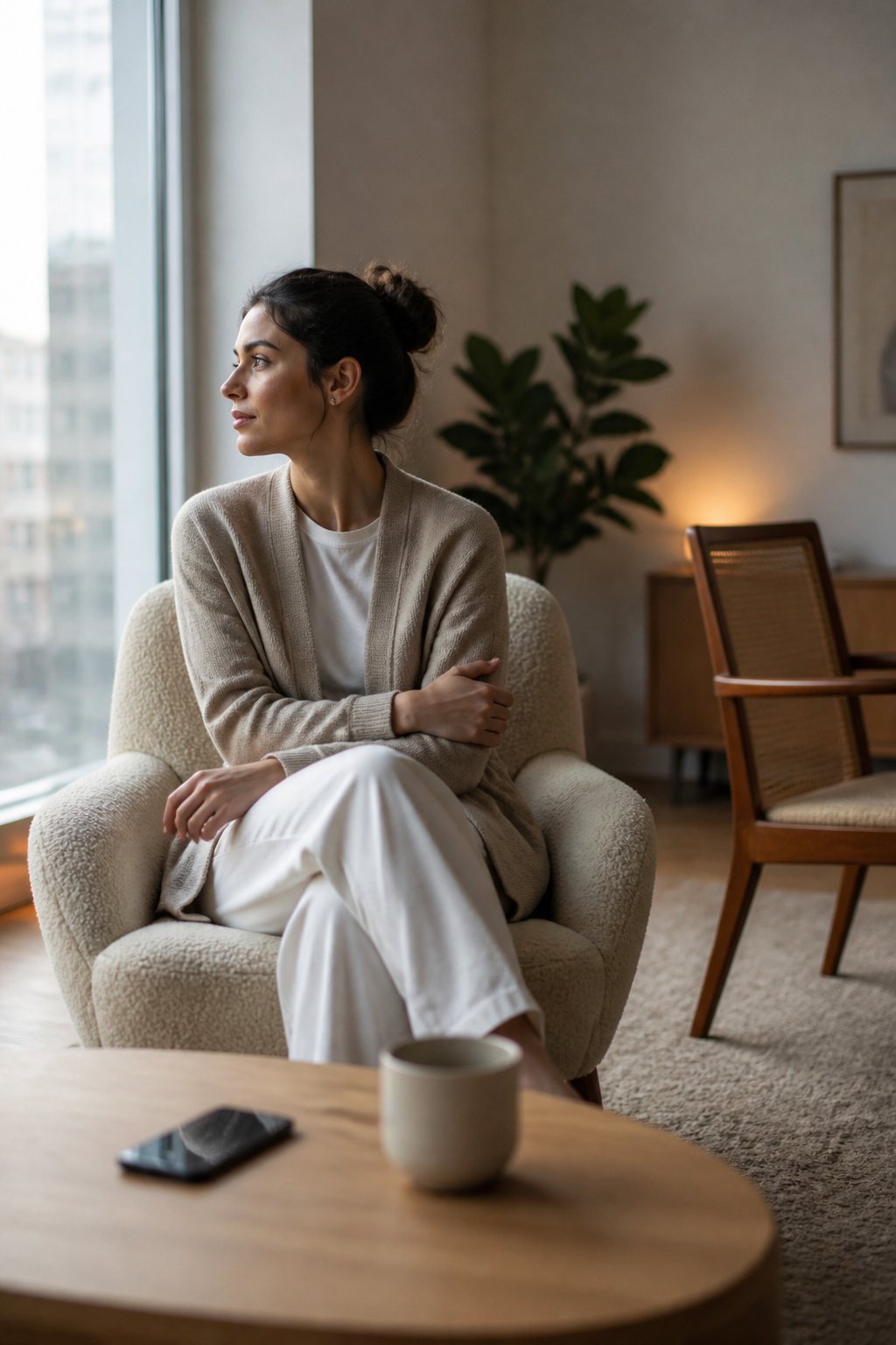 A woman sits alone by a window in a modern living room, looking thoughtfully outside with a closed-off posture.