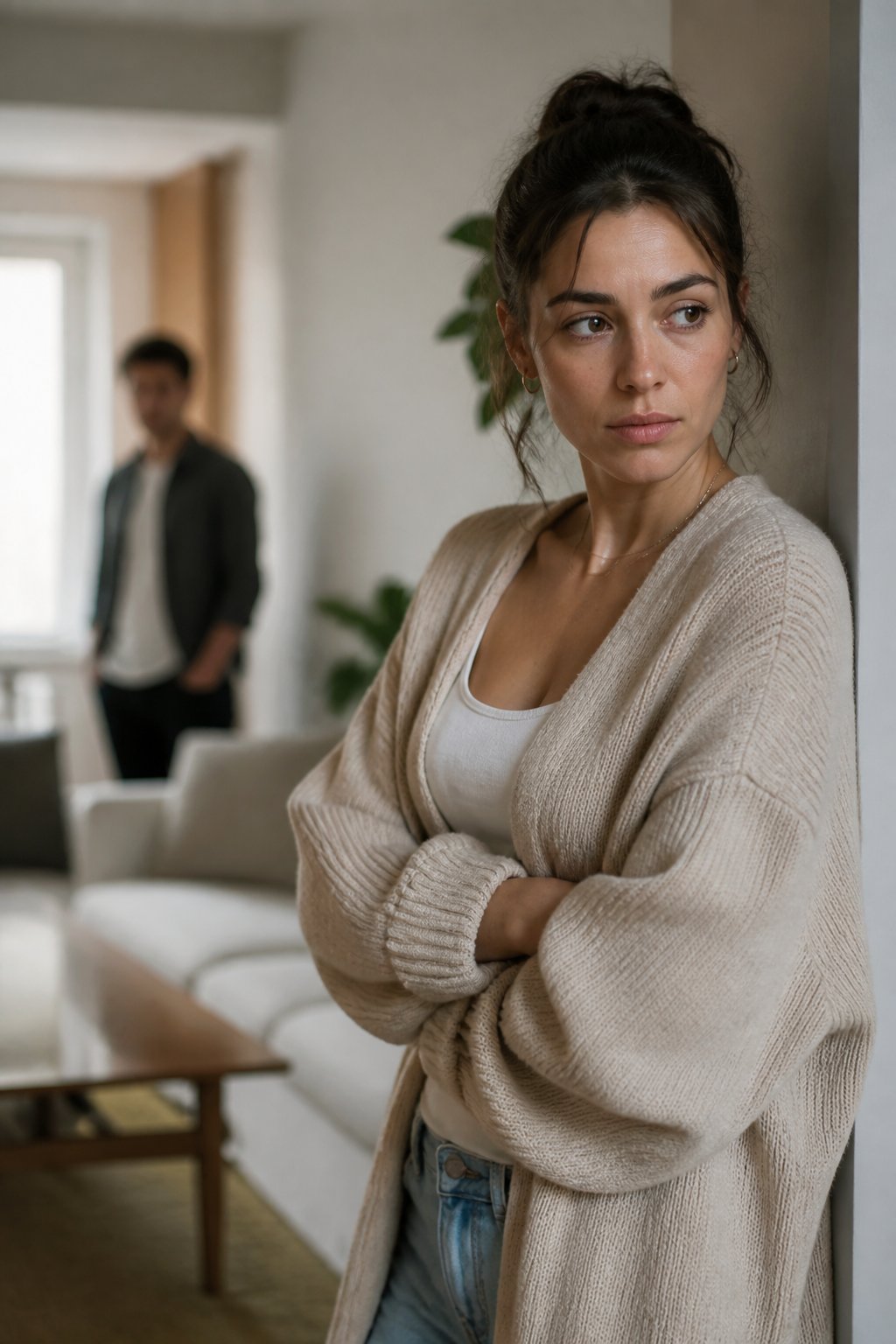 A thoughtful woman stands apart from another person in a softly lit living room, appearing guarded yet emotionally conflicted.