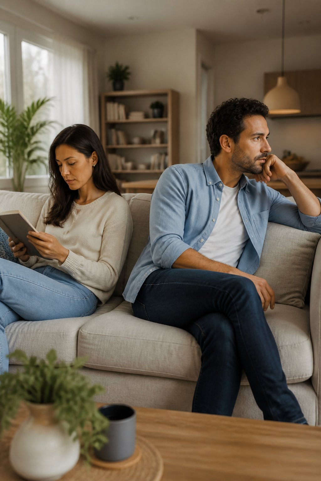 A reserved couple sits together in a calm living room, sharing space with respectful emotional distance.