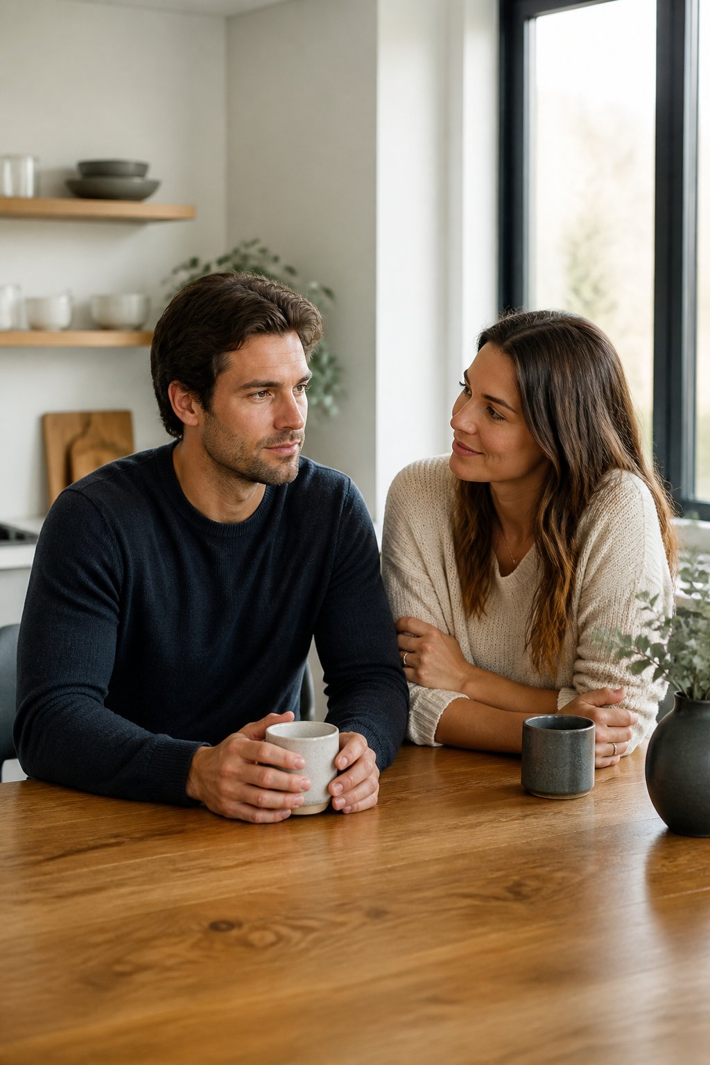 A couple sits together at a kitchen table, with one appearing emotionally distant and the other offering patient, attentive support.