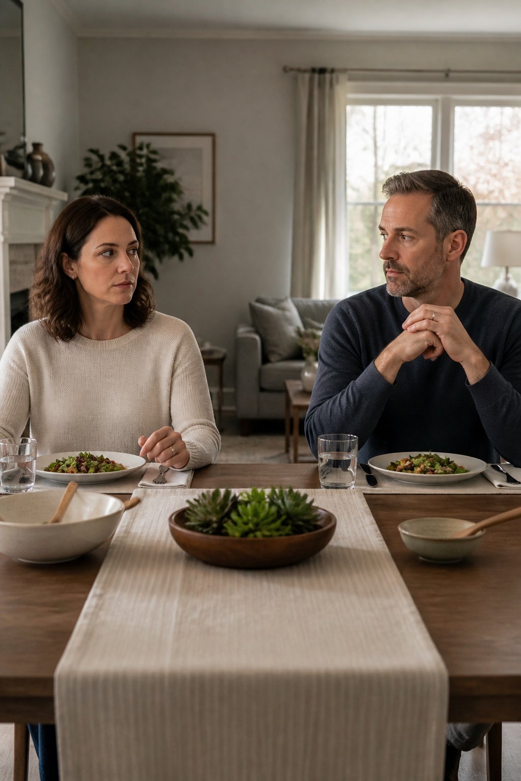 A married couple sits across from each other at a dining table in a quiet home, appearing committed but emotionally distant.
