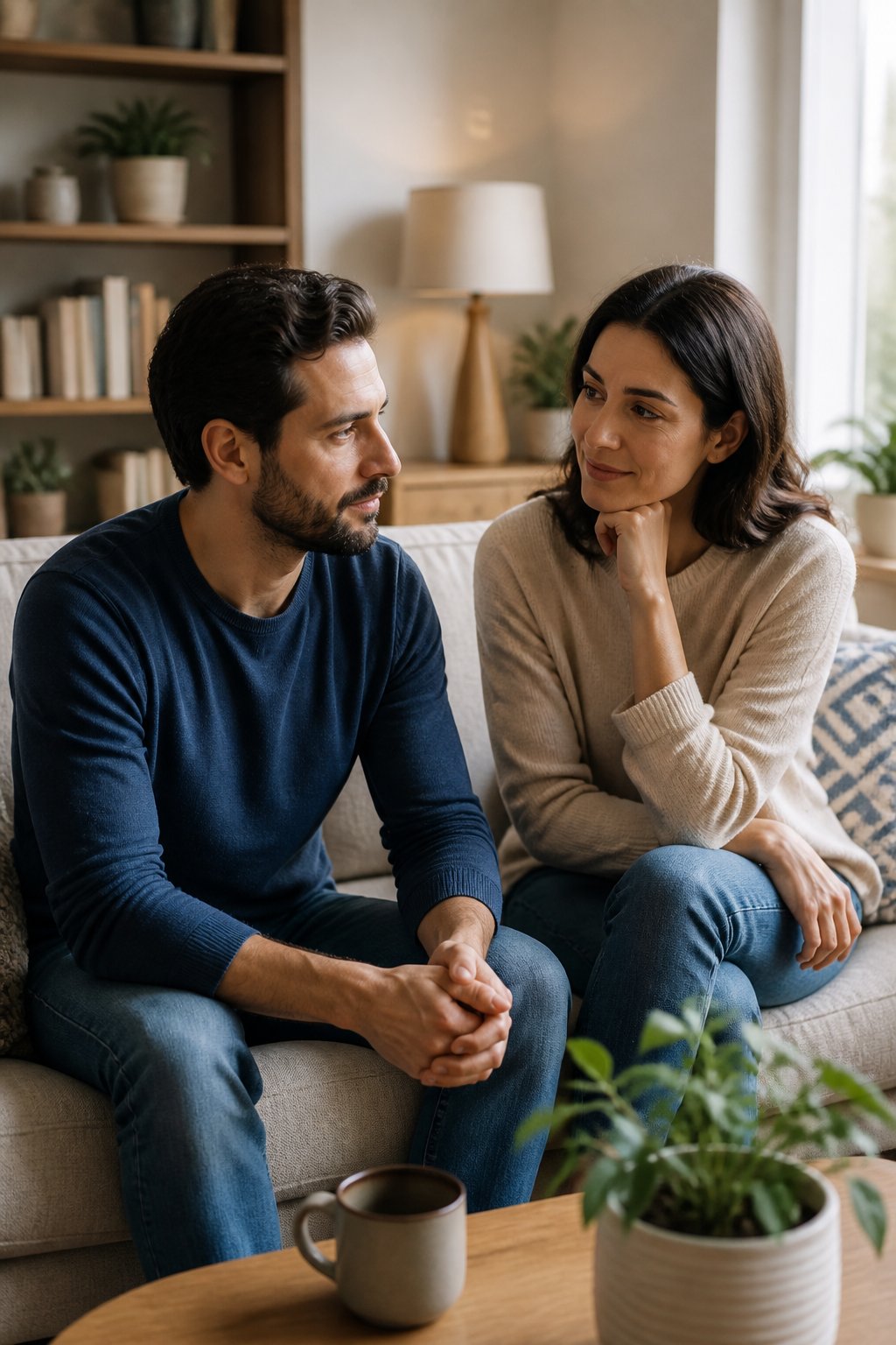 A thoughtful couple sits together on a sofa, sharing a calm and supportive conversation.