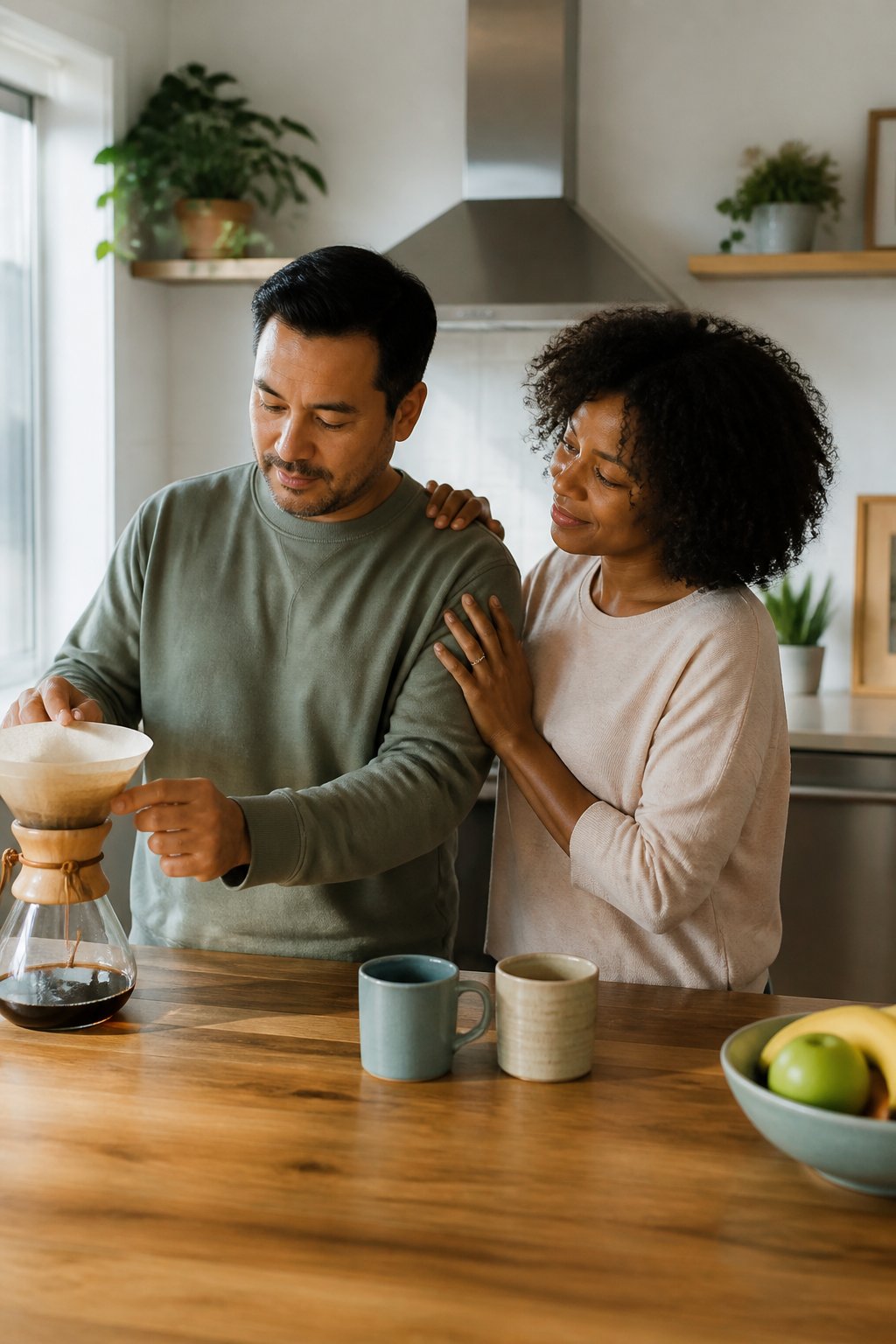 A married couple in a warm home shows affection through quiet cooperation and thoughtful everyday gestures.