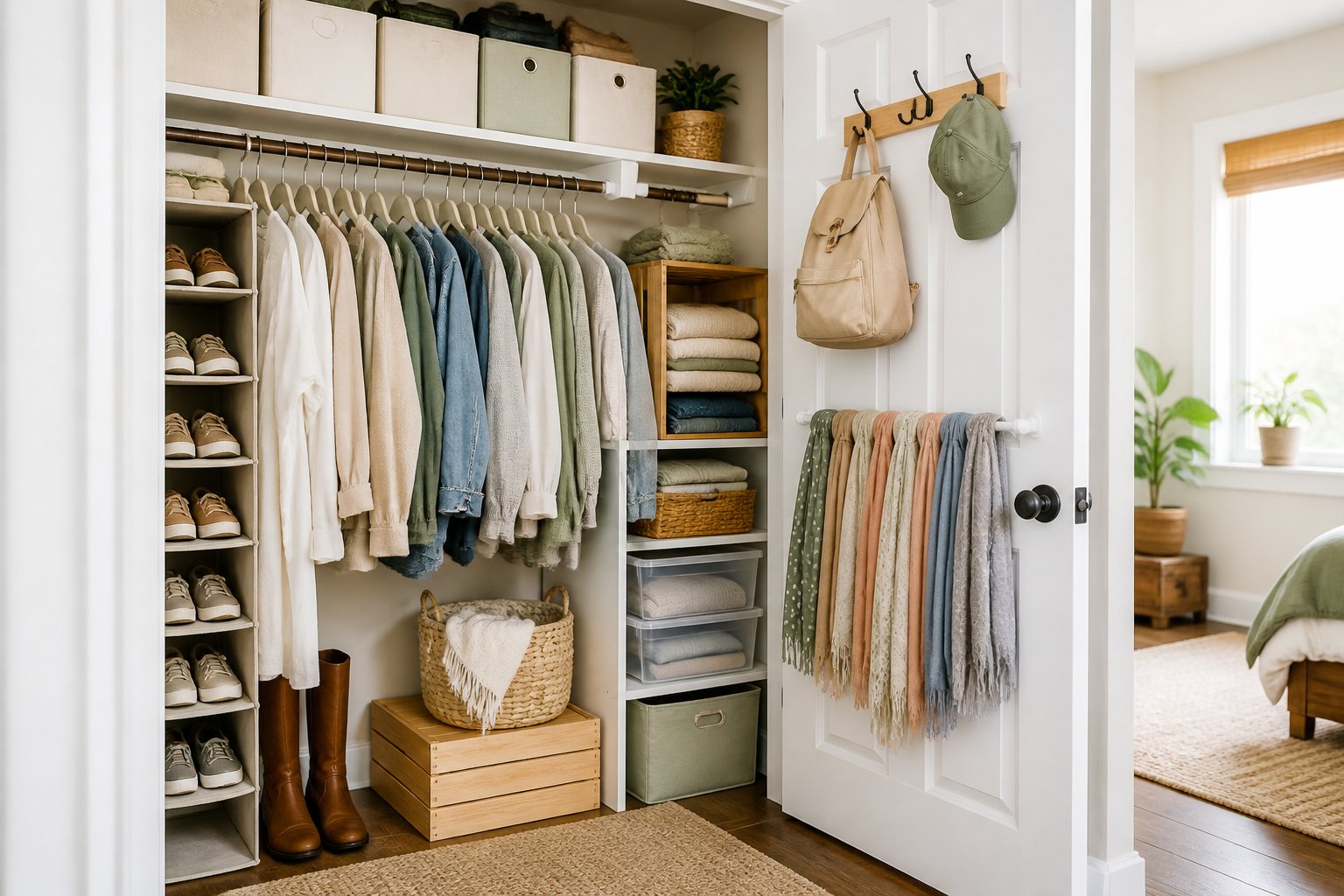 A small closet neatly organized with affordable shelves, baskets, hanging storage, shoe pockets, and hooks.