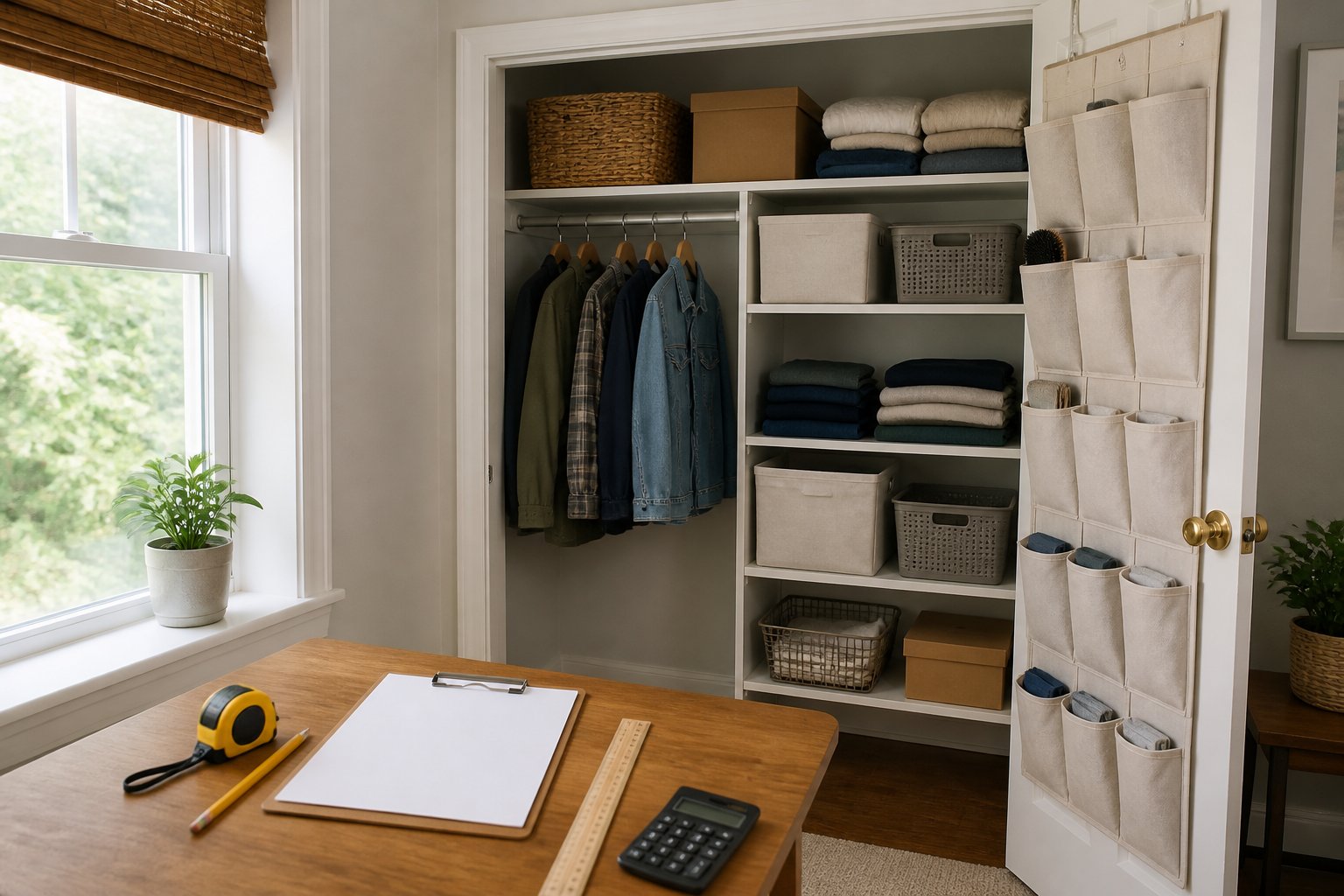 A small closet with affordable storage items, clothing, and measuring tools arranged for a budget-friendly organization project.