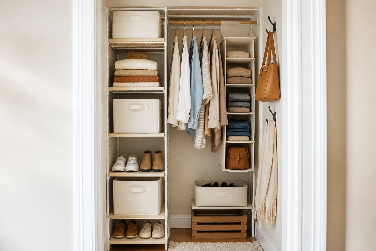 A small closet organized with shelves, hanging organizers, hooks, bins, clothing, and shoes arranged vertically.