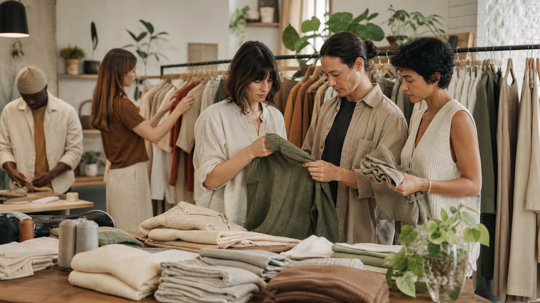 Sekelompok orang memilih pakaian ramah lingkungan di butik modern dengan bahan alami dan pakaian daur ulang.