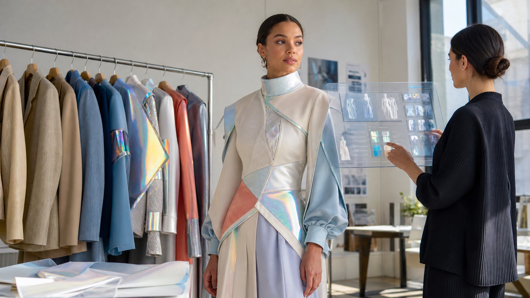 Seorang profesional fashion mengenakan pakaian futuristis sementara desainer meninjau rancangan digital di studio modern.