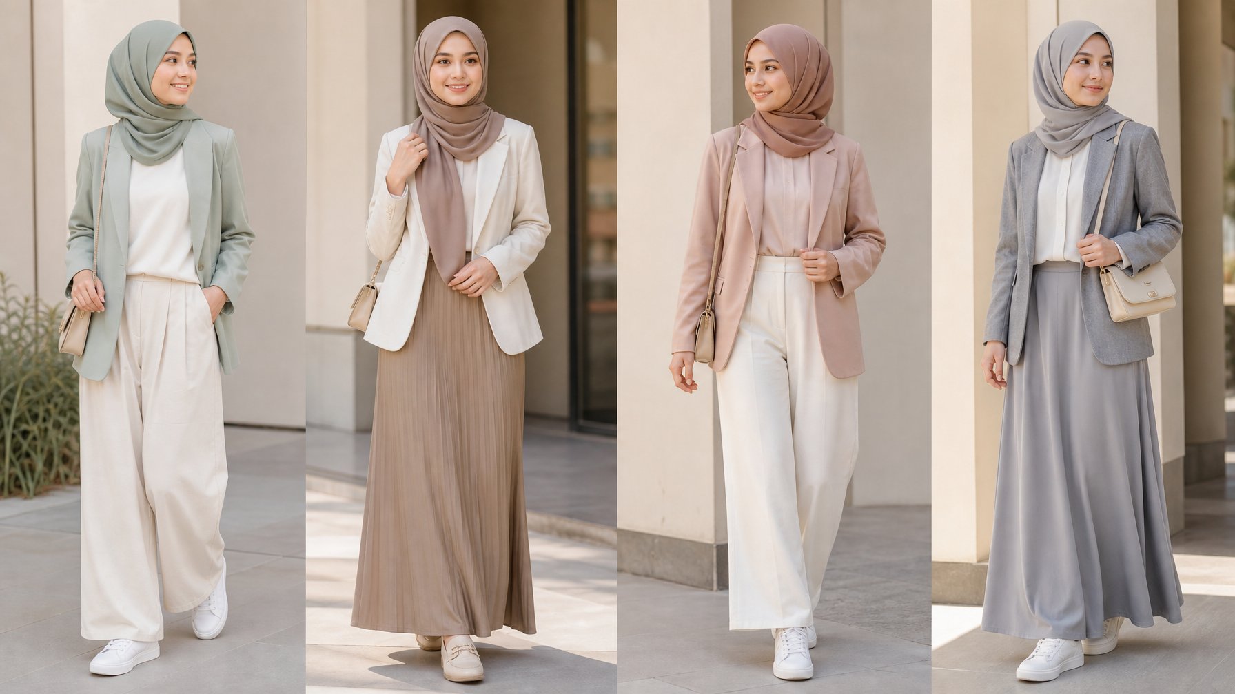 Seorang perempuan berhijab mengenakan pakaian kasual elegan di lingkungan urban yang minimalis.