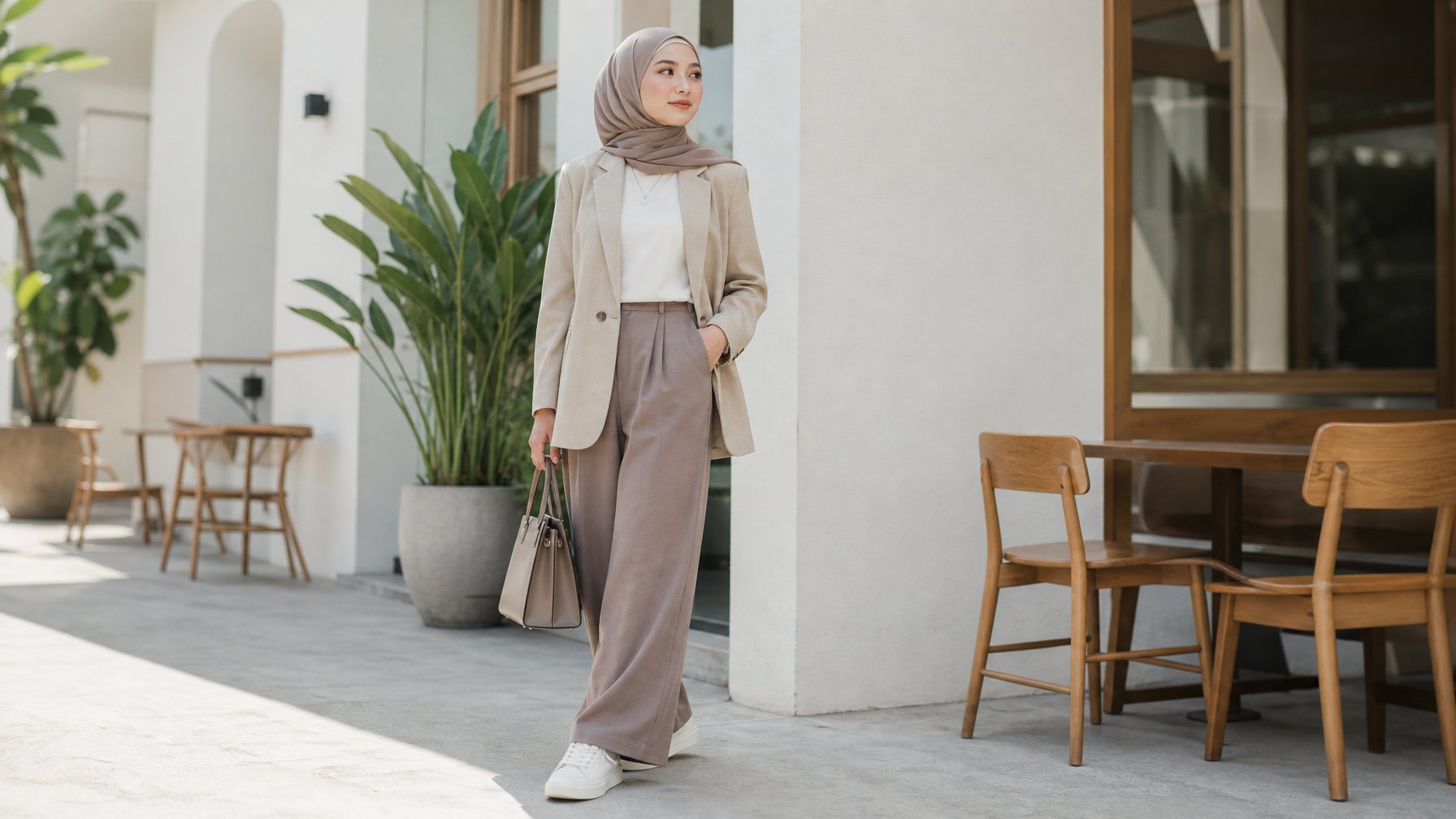 Seorang wanita berhijab mengenakan busana kasual elegan di area kafe modern.