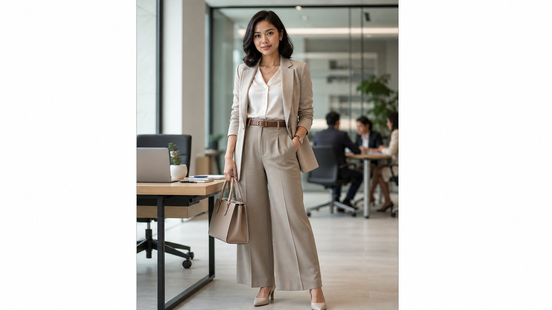 Seorang wanita berdiri di kantor modern mengenakan busana kerja yang rapi dan profesional.