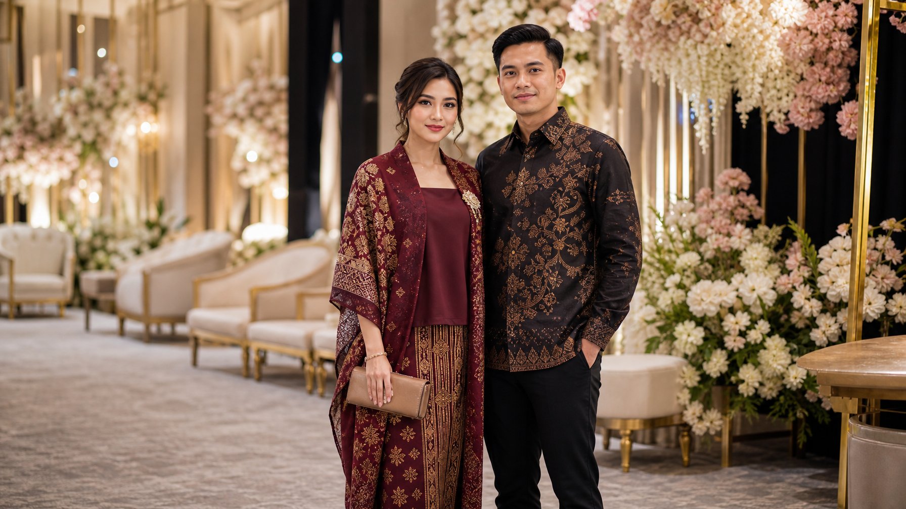Seorang perempuan dan laki-laki mengenakan busana pesta modern dengan sentuhan kain tradisional di sebuah acara elegan.