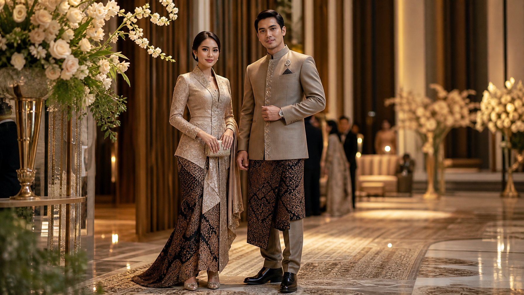 Seorang wanita dan pria mengenakan busana formal modern berpadu kain tradisional di ruang acara yang elegan.