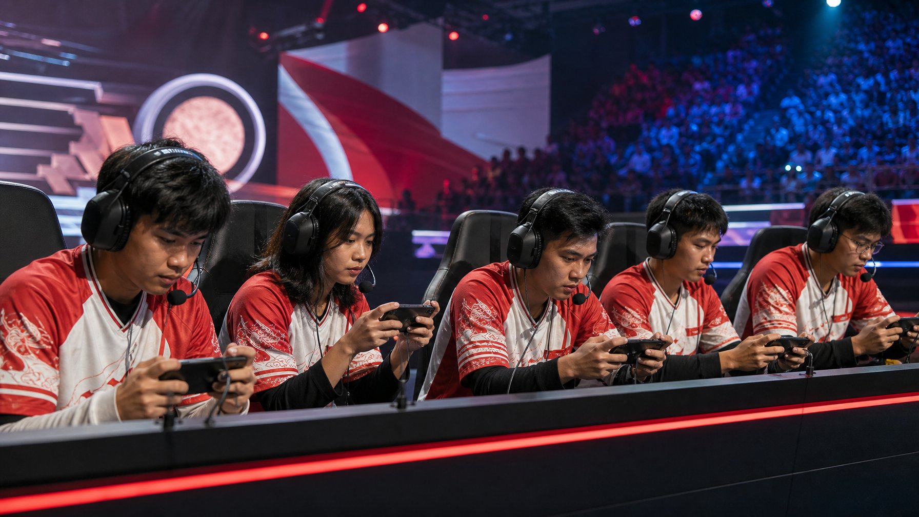Lima atlet esports Indonesia bertanding bersama di panggung arena dengan suasana kompetitif.