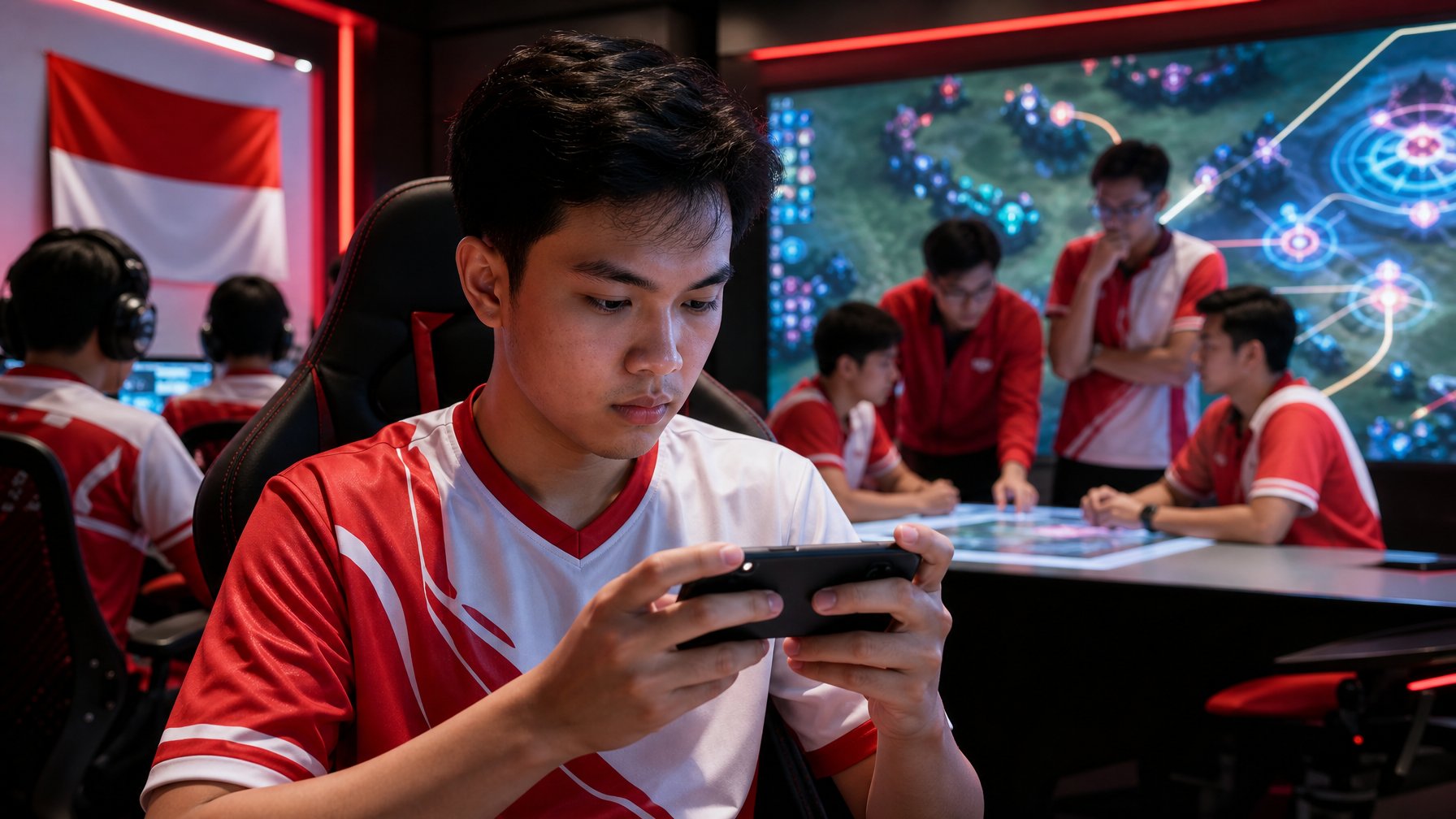 Pemain esports Indonesia berlatih Mobile Legends di arena modern bersama tim dan analis.