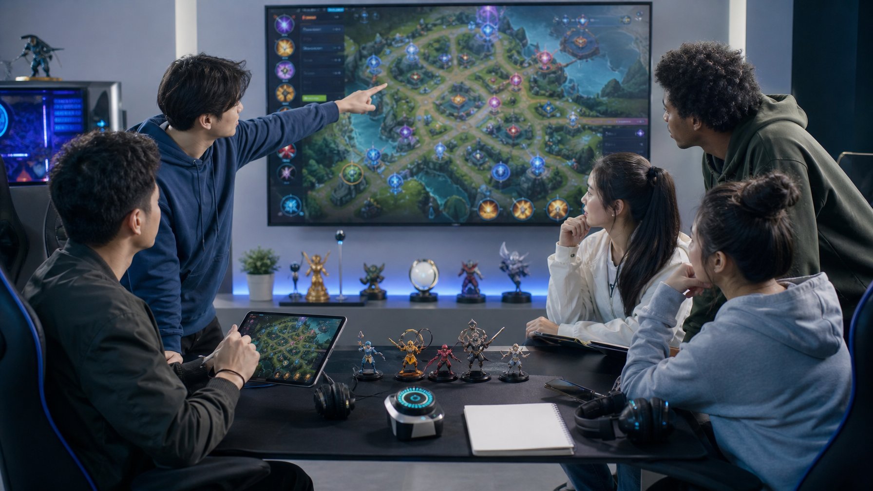 Sekelompok pemain muda berdiskusi menyusun strategi permainan di ruang latihan esports.