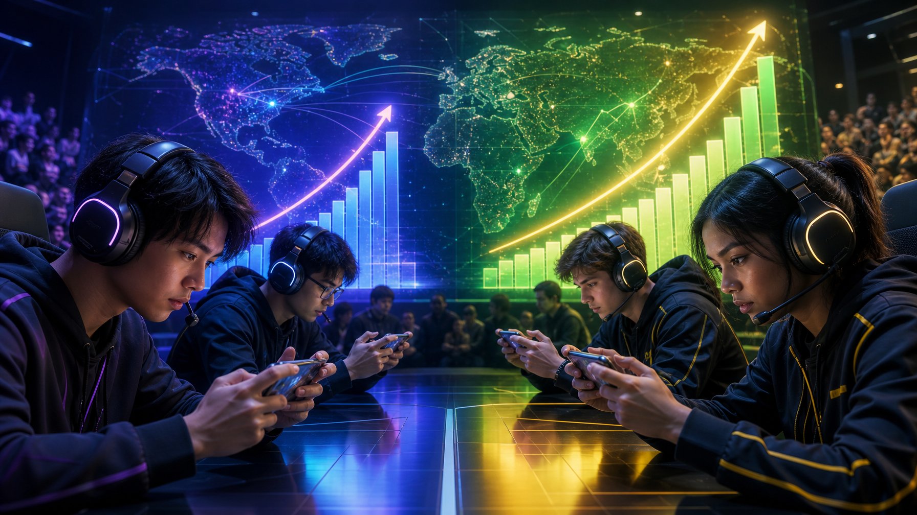 Para pemain berlaga dalam turnamen esports seluler dengan visualisasi pertumbuhan pendapatan global di latar belakang.