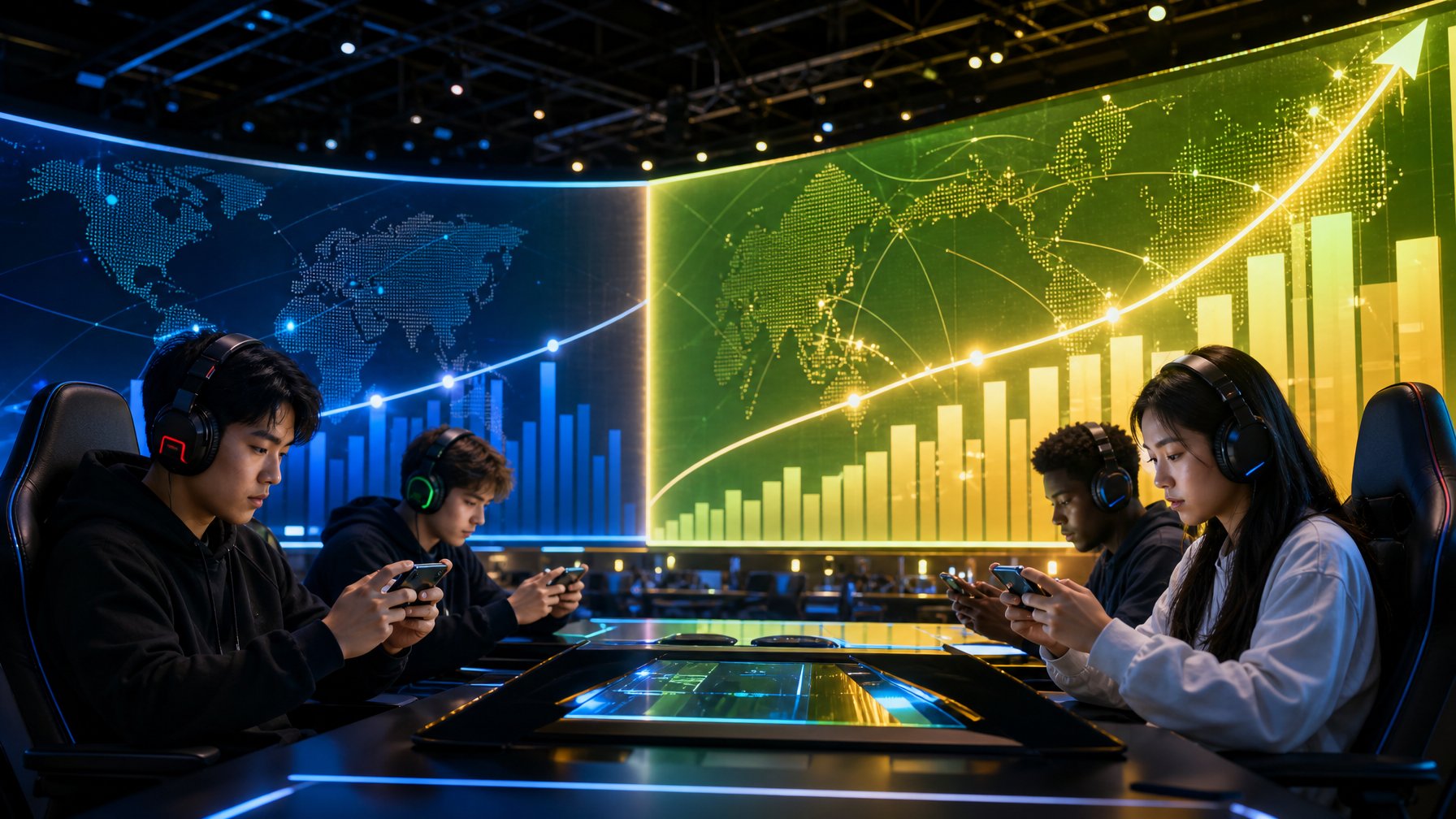 Pemain esports menggunakan ponsel di pusat kendali digital dengan visualisasi pertumbuhan pasar global.