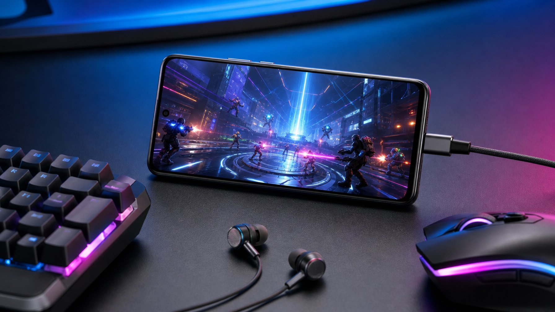 Ponsel gaming modern menampilkan arena pertandingan futuristik di atas meja dengan perlengkapan gaming.