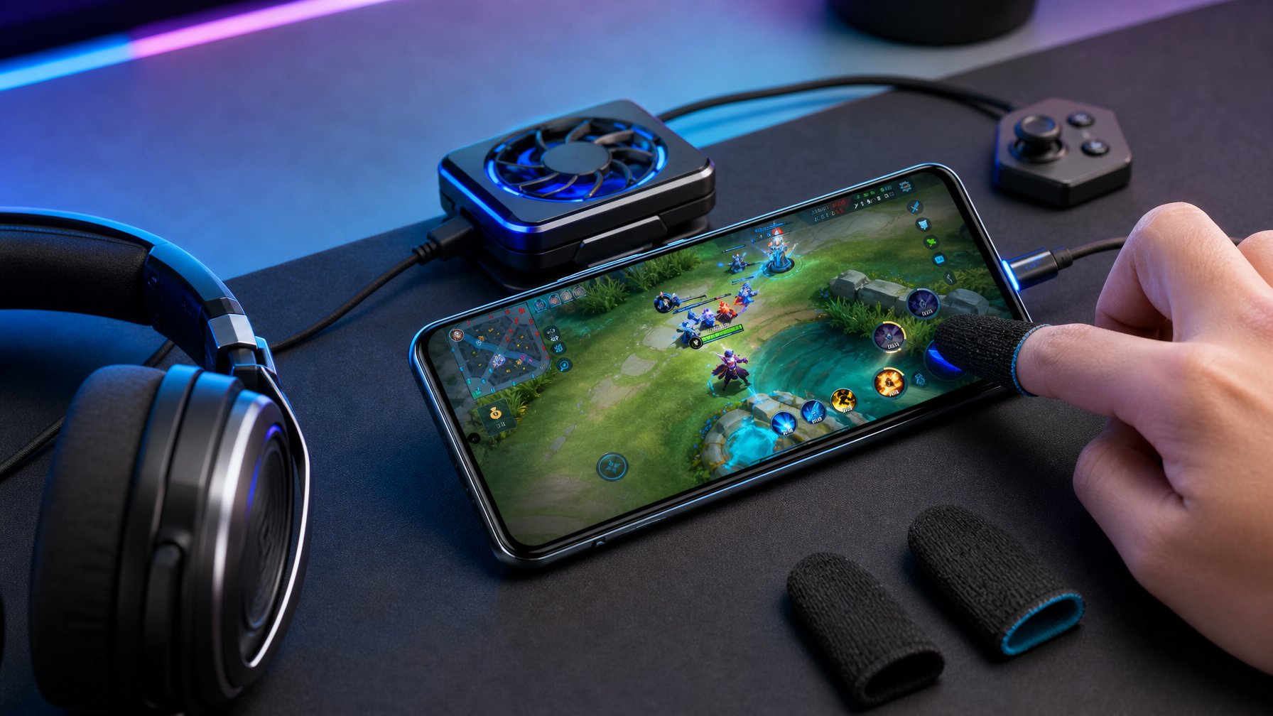 Ponsel gaming berada di meja dengan aksesori pendukung untuk bermain esports kompetitif.
