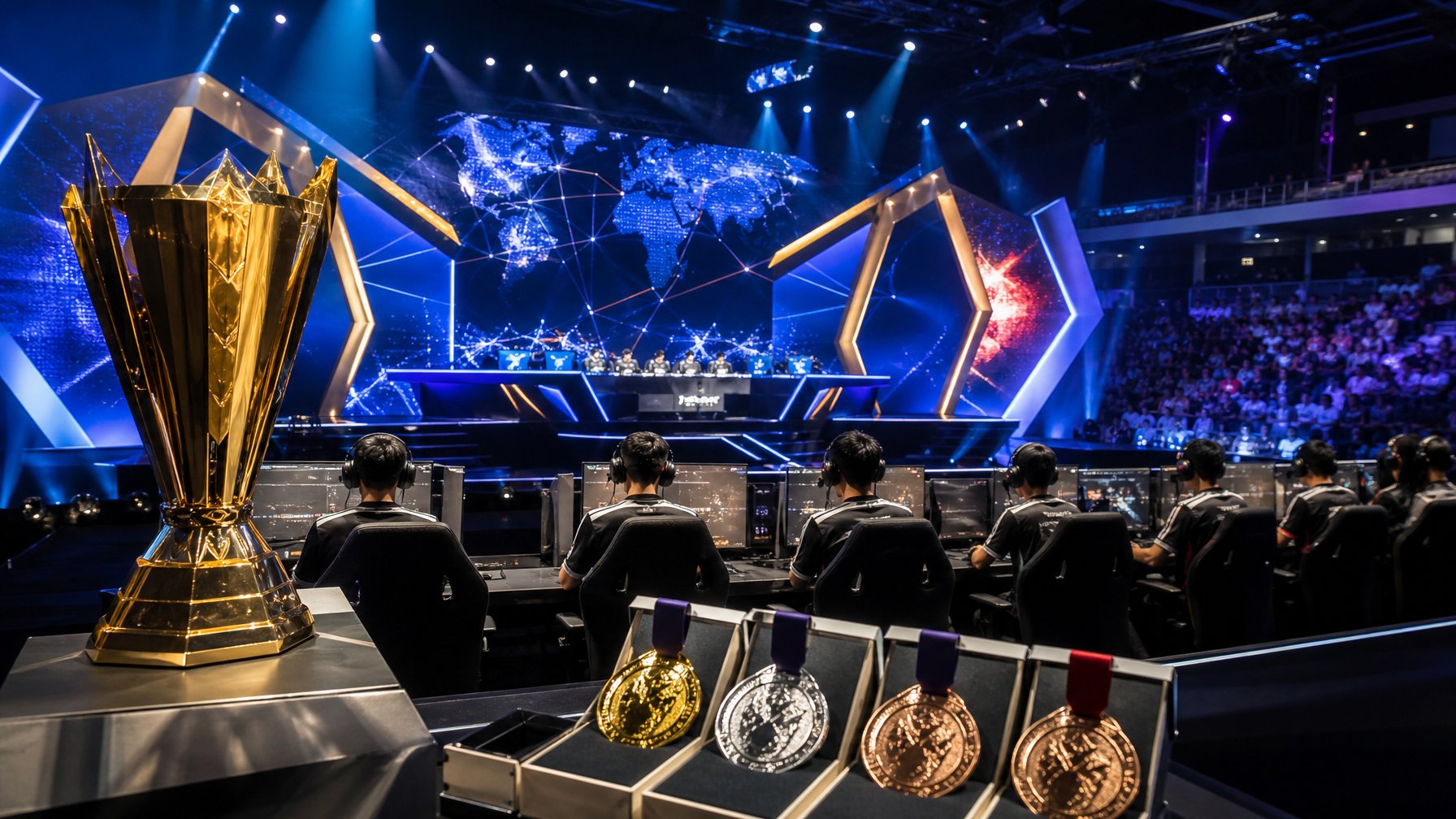 Panggung turnamen esports internasional dengan pemain profesional, layar bercahaya, trofi, dan penonton.