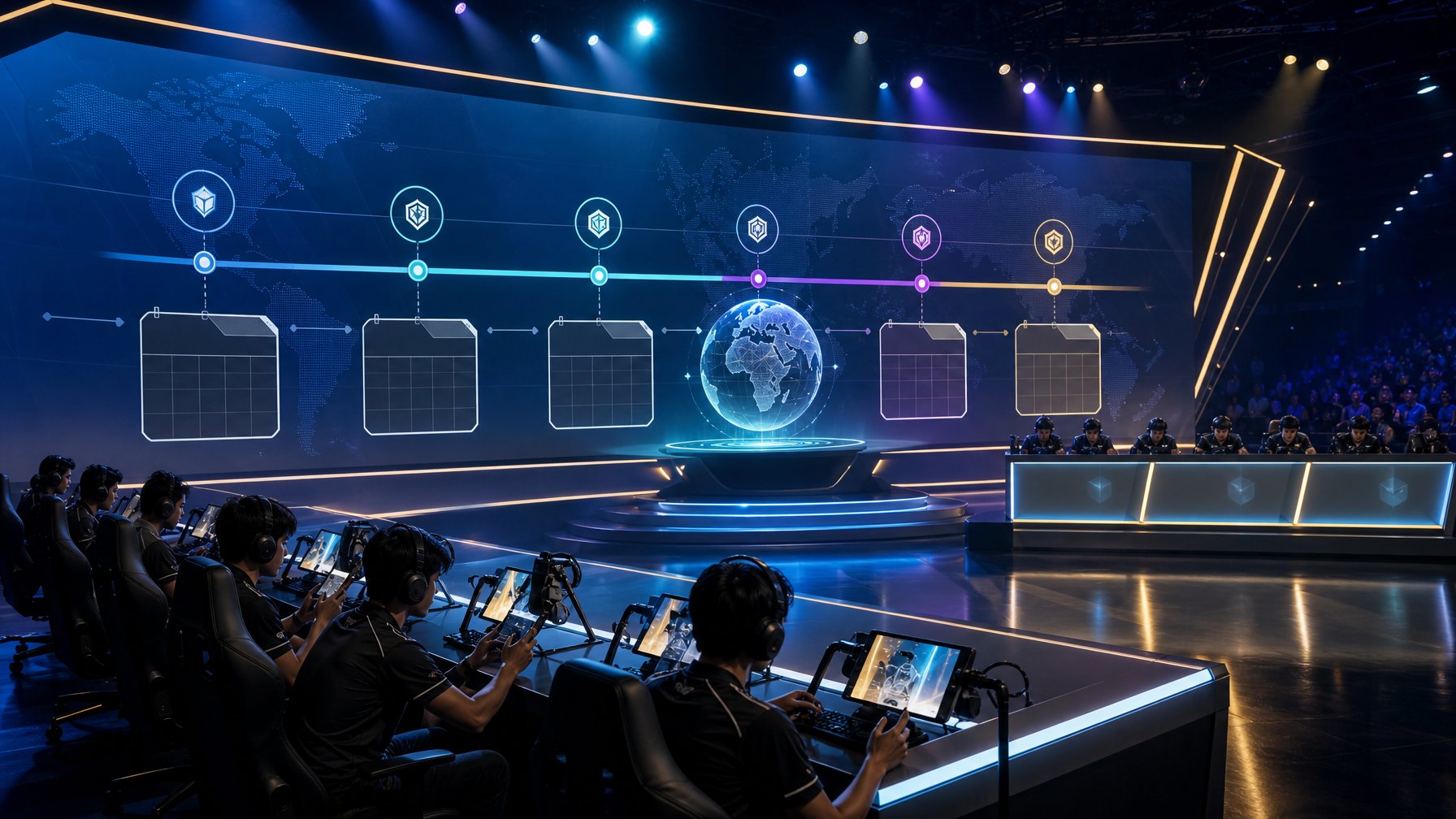 Arena esports modern dengan pemain yang bertanding dan visual holografik berbentuk peta dunia serta tahapan turnamen.