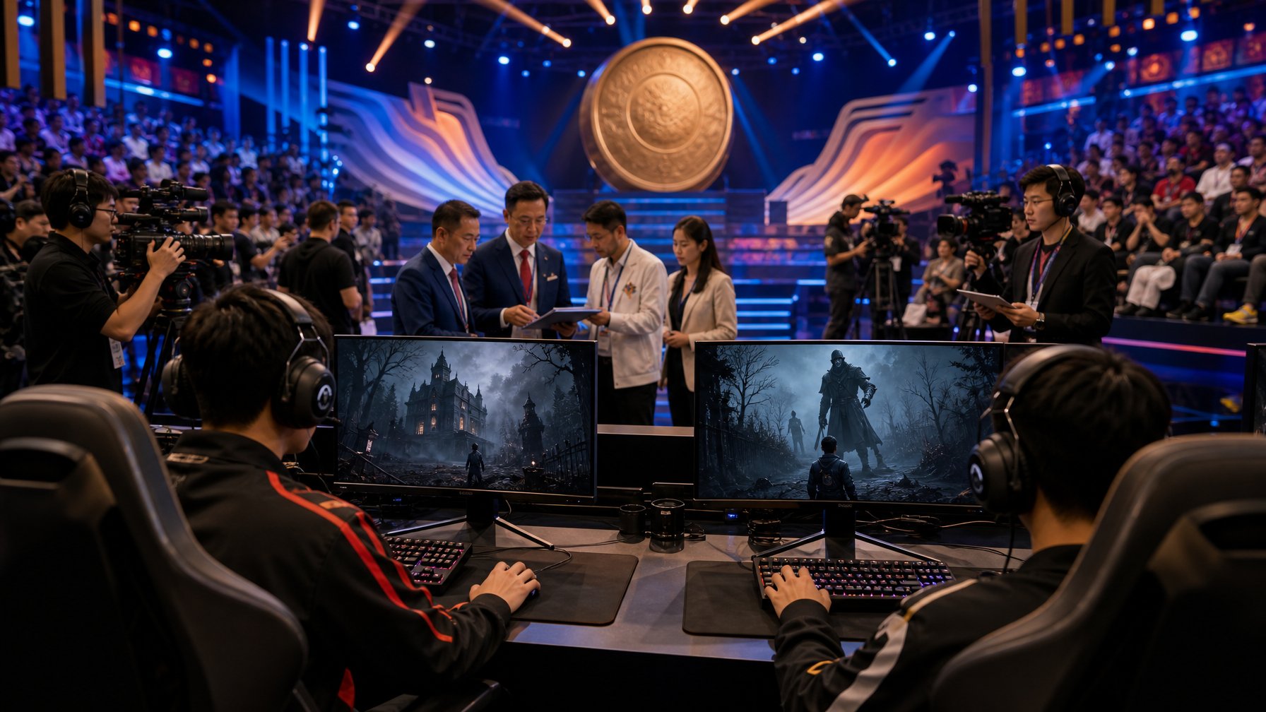 Suasana arena esports dengan pemain, ofisial, dan penonton saat pertandingan gim kompetitif bergaya horor.