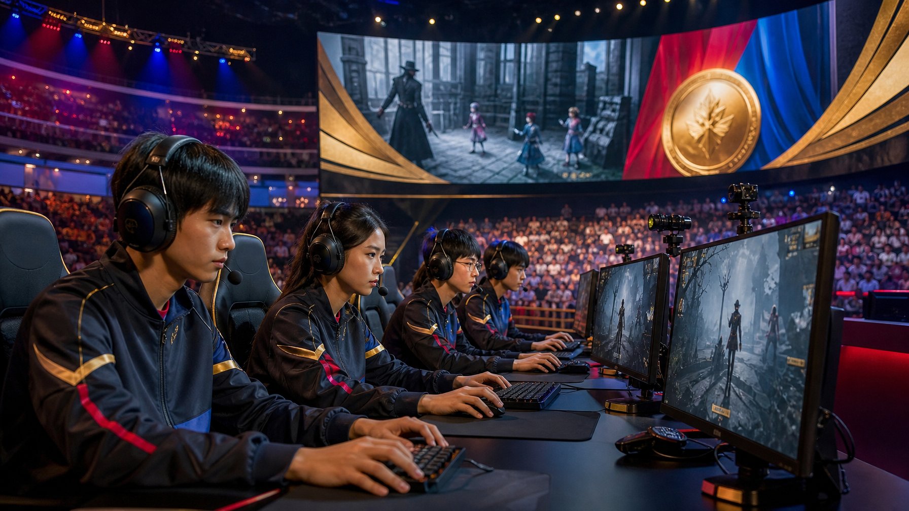 Atlet esports Asia bertanding dalam arena modern dengan suasana kompetisi internasional dan simbol medali emas.