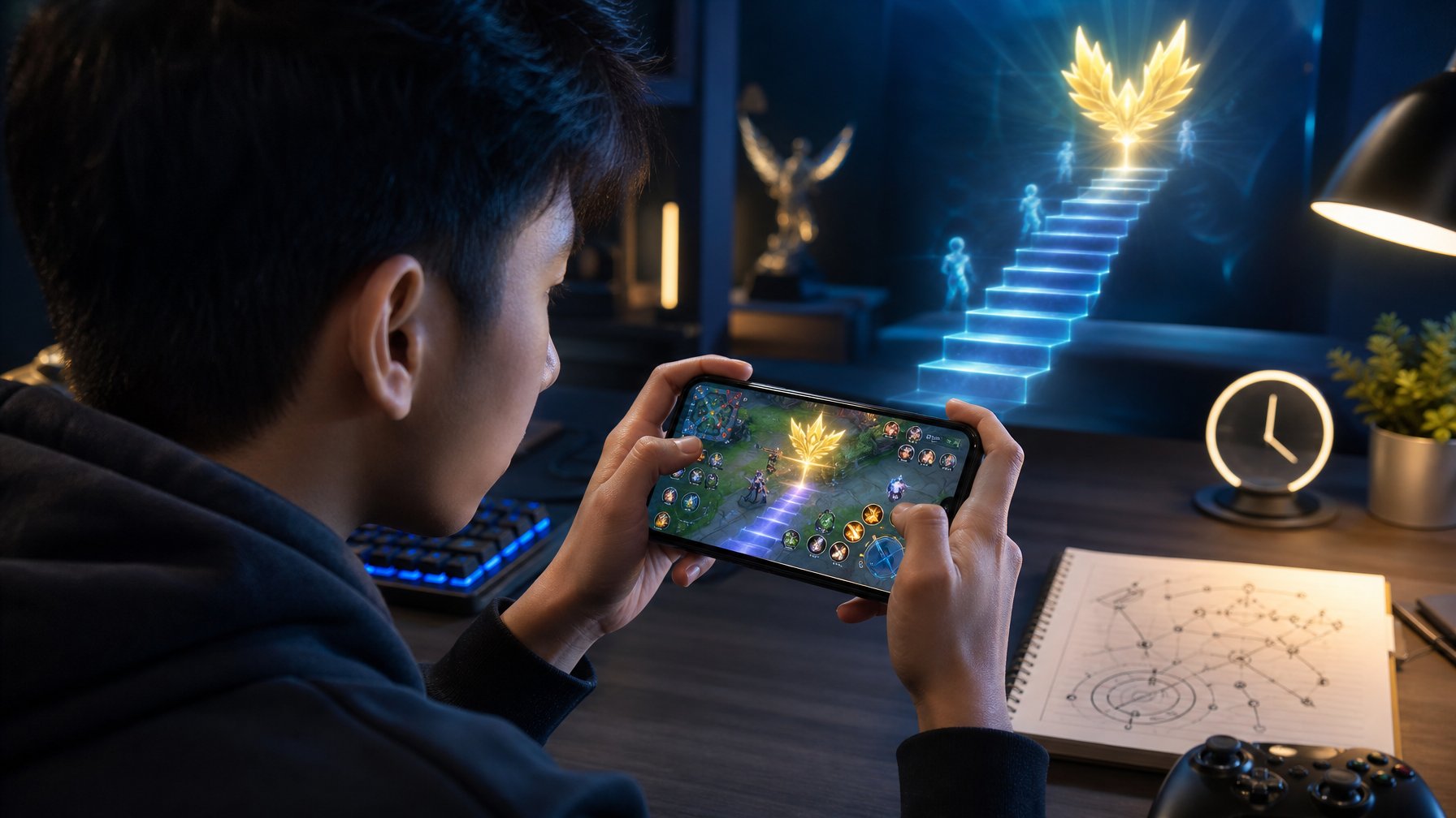 Seorang gamer fokus bermain gim di ponsel dalam suasana meja permainan modern dengan simbol pencapaian dan peningkatan peringkat.