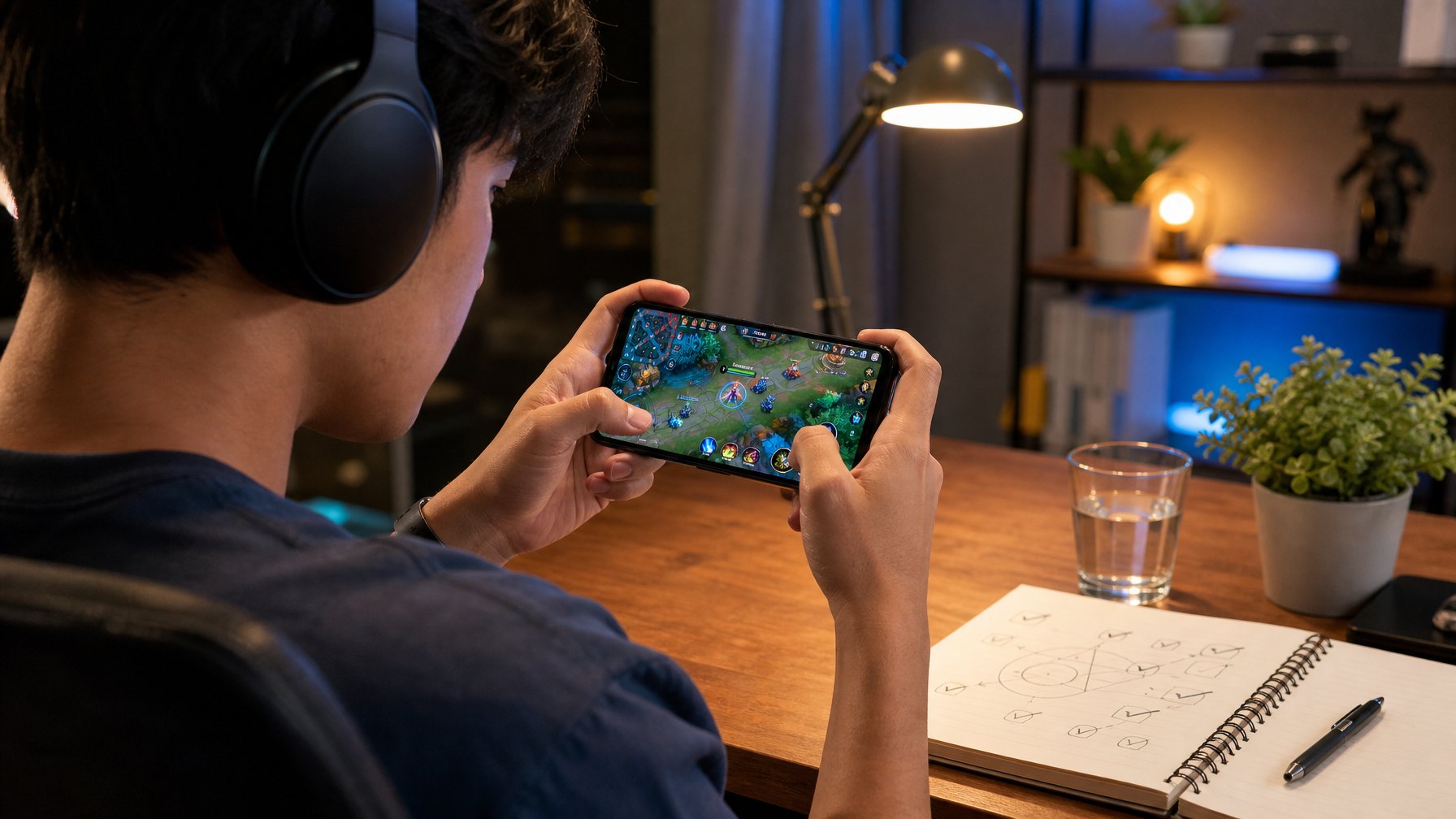 Seorang pemain fokus memainkan pertandingan arena pertempuran daring di ponsel pada meja gaming yang rapi.