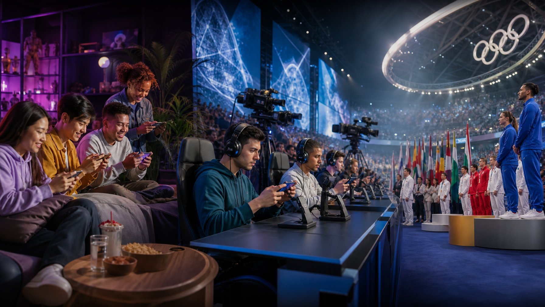 Pemain menggunakan ponsel dalam suasana kompetisi game mobile profesional di arena esports.