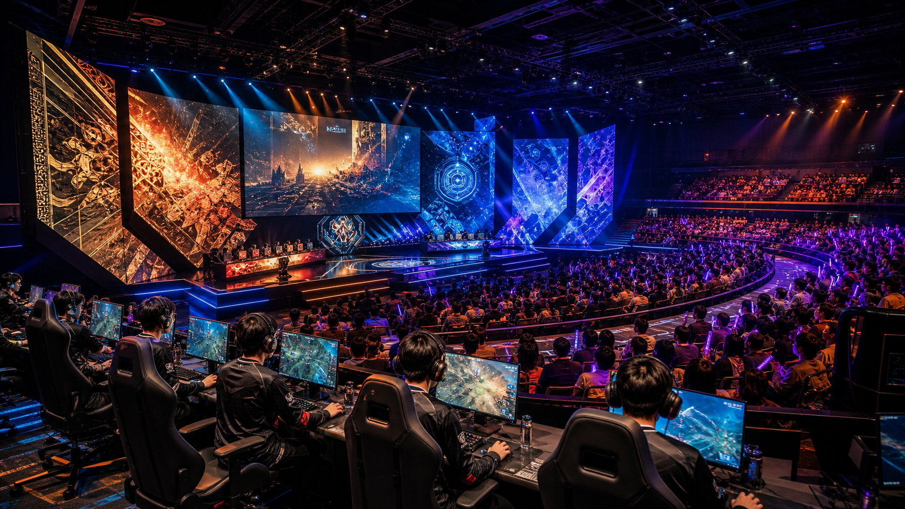Arena esports futuristik dengan pemain profesional bertanding di panggung bercahaya di hadapan penonton yang antusias.