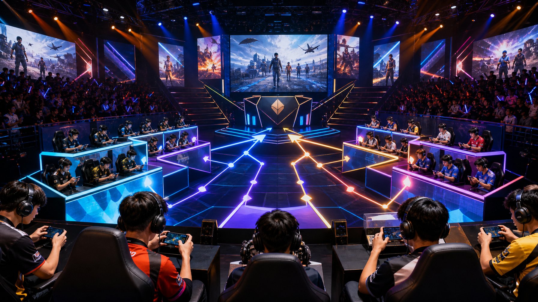 Panggung turnamen esports dengan para pemain Asia Tenggara dan jalur cahaya yang menggambarkan proses kualifikasi menuju babak final.