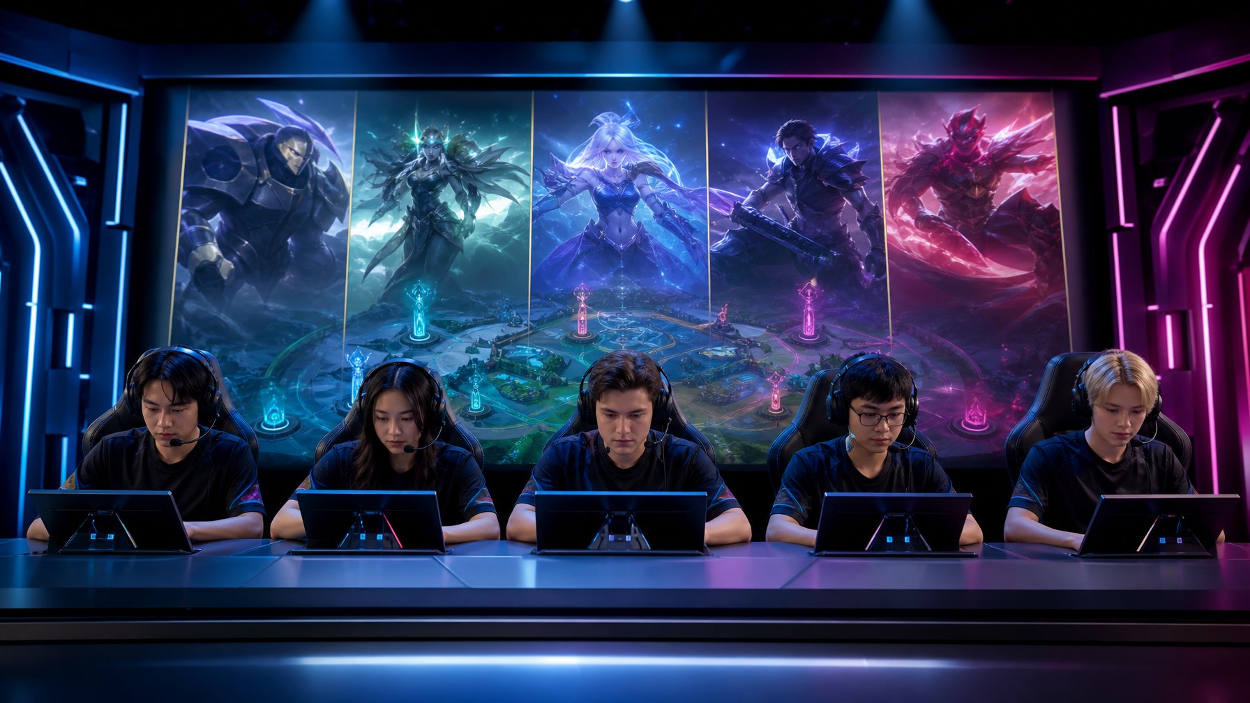 Lima pemain esports berdiskusi serius di panggung turnamen dengan tampilan permainan futuristis di belakang mereka.