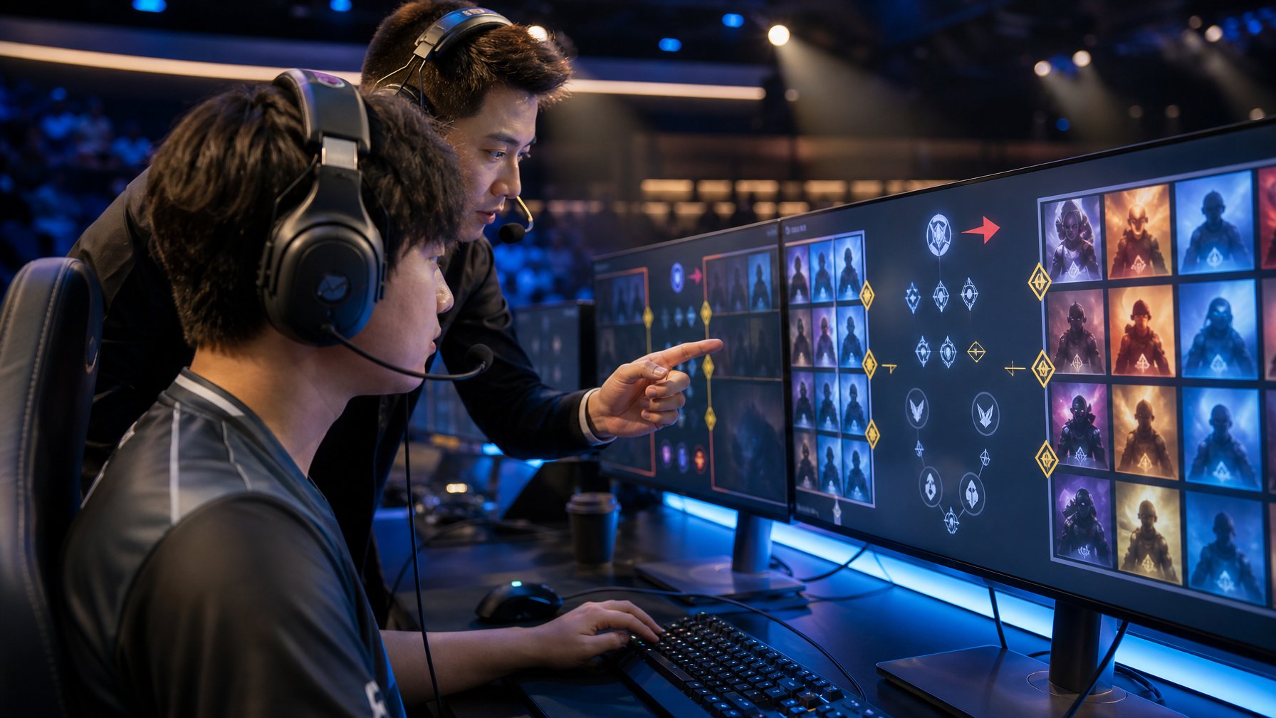 Pemain dan pelatih esports menganalisis strategi pemilihan karakter dalam turnamen MOBA.