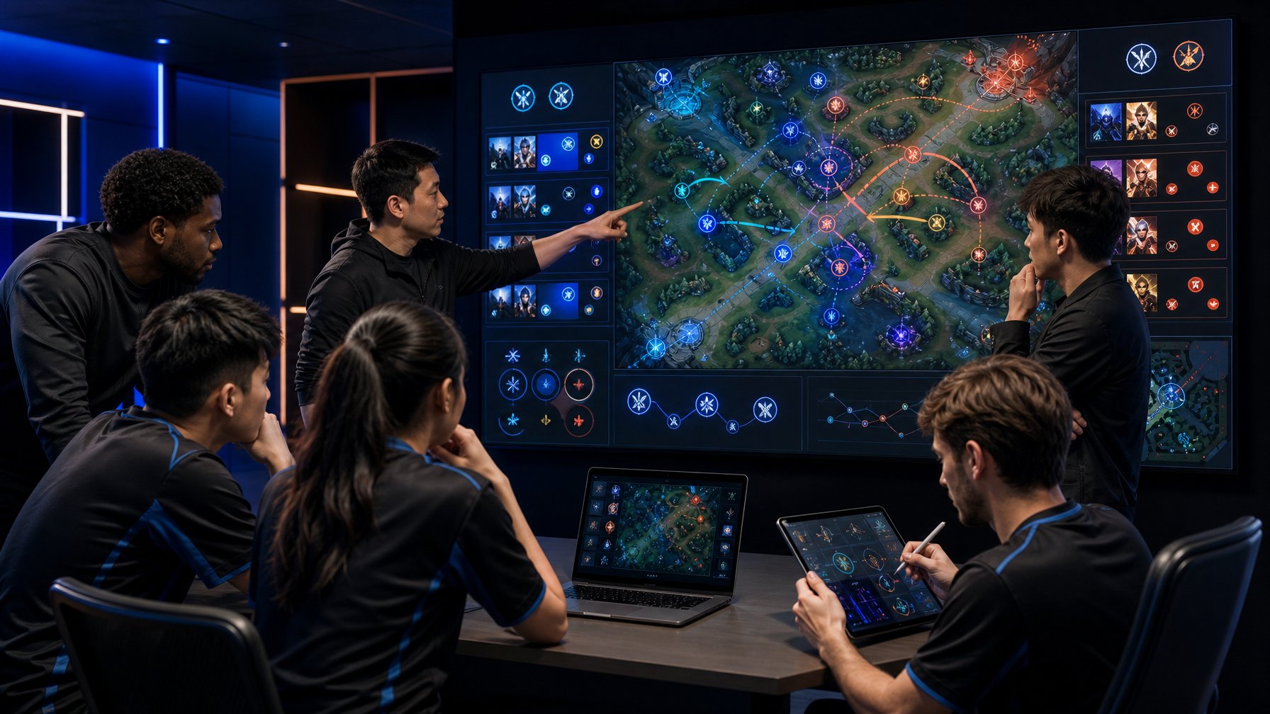 Tim esports profesional menganalisis peta dan strategi permainan bersama pelatih di ruang rapat.