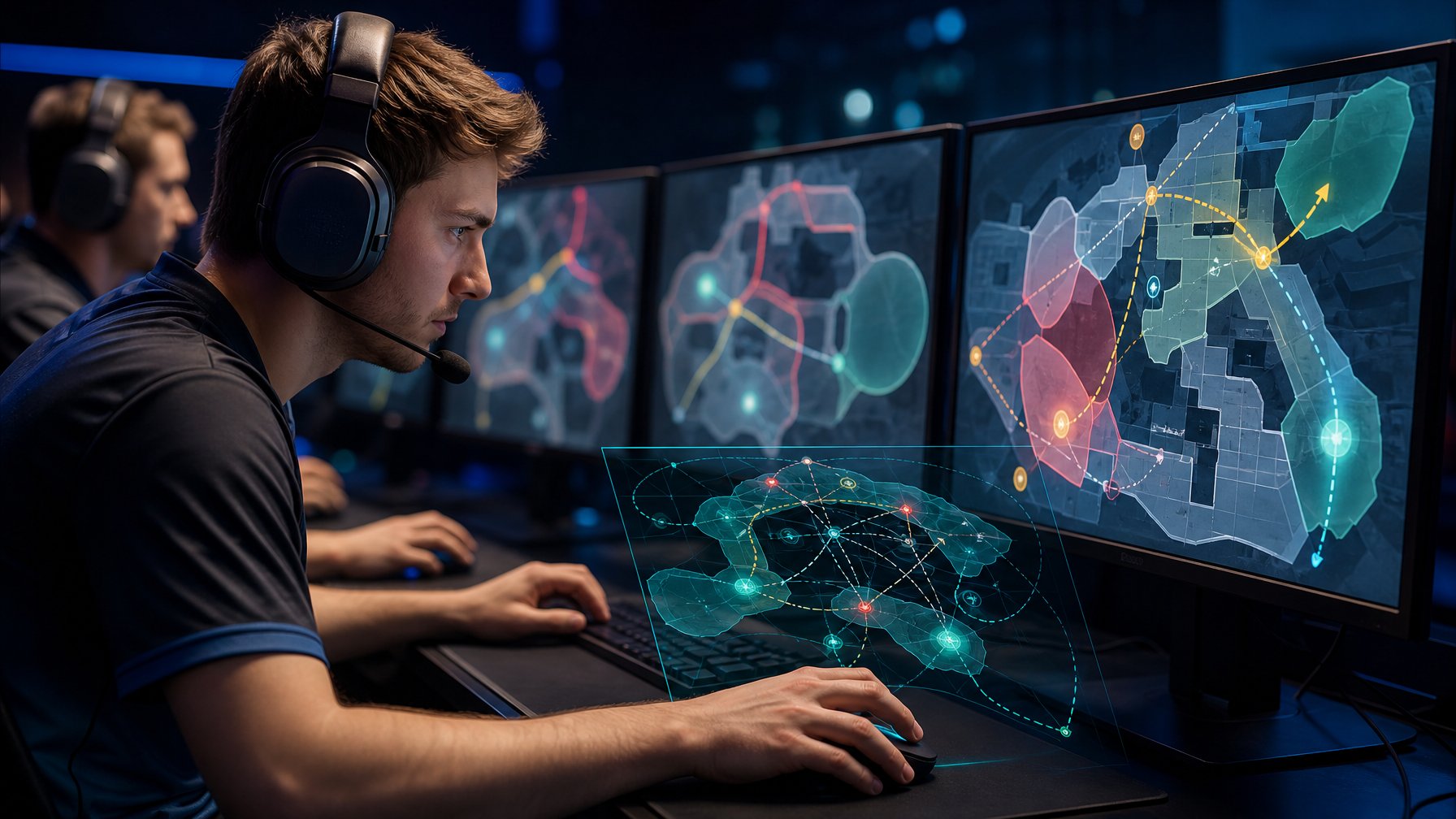 Pemain esports profesional menganalisis peta taktis di depan beberapa monitor dalam arena turnamen.