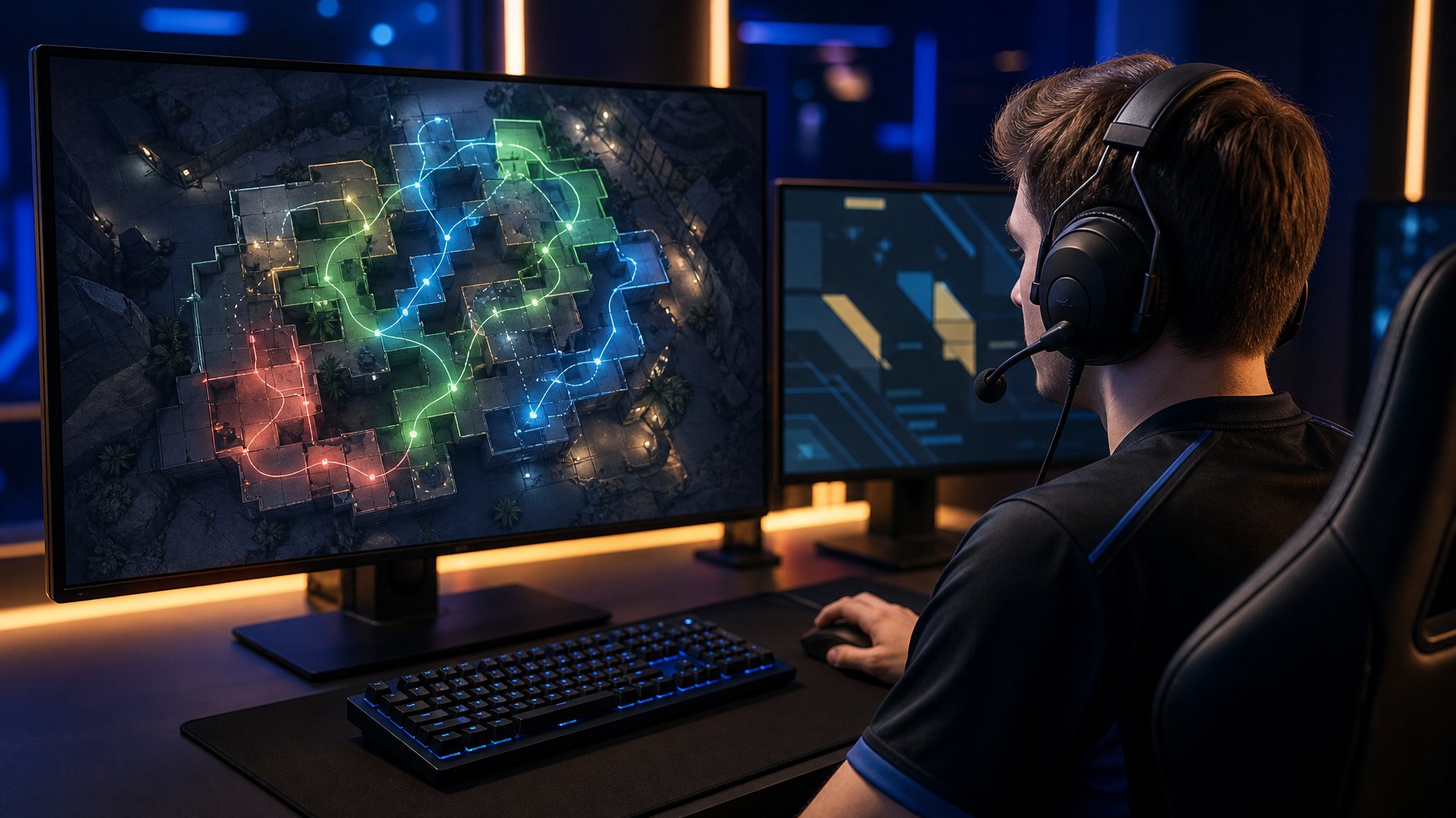 Pemain esports menganalisis peta permainan di depan monitor dalam ruang latihan profesional.